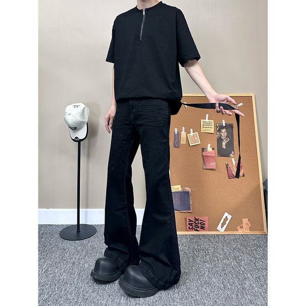 Men's Clothing High Street Style Street Style Men's Stretchy Flared Jeans With Belt Loops - High Waist Wide Leg Dark Black Denim Pants For Summer_viptrois.com