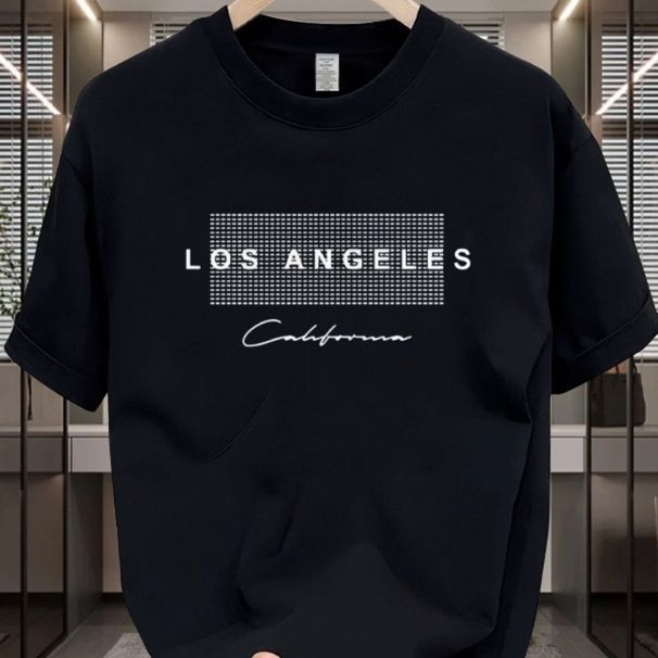 100% Pure Cotton Men's Spring And Autumn Fashion Short Sleeved Los Angeles Graphic Printed Casual Slim Fit Versatile Top_viptrois.com
