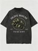 Summer Washed Cotton T-Shirt, Men's Olive House Tuscany Print, Casual Vintage Style, Oversized Tee_viptrois.com