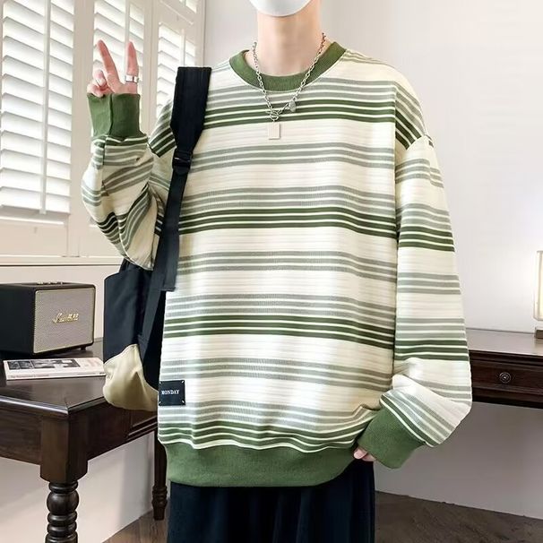 Round Neck Sweatshirt For Men, Retro Lazy Style Striped Long Sleeved Top, Loose Casual Jacket_viptrois.com