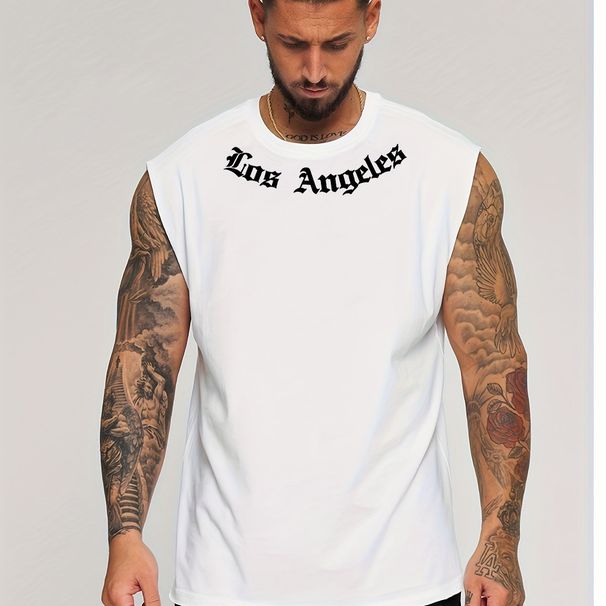100% Pure Cotton Men's Summer Casual Sports Fitness Loose Los Angeles Letter Pattern Printed Breathable Round Neck Sleeveless Vest_viptrois.com