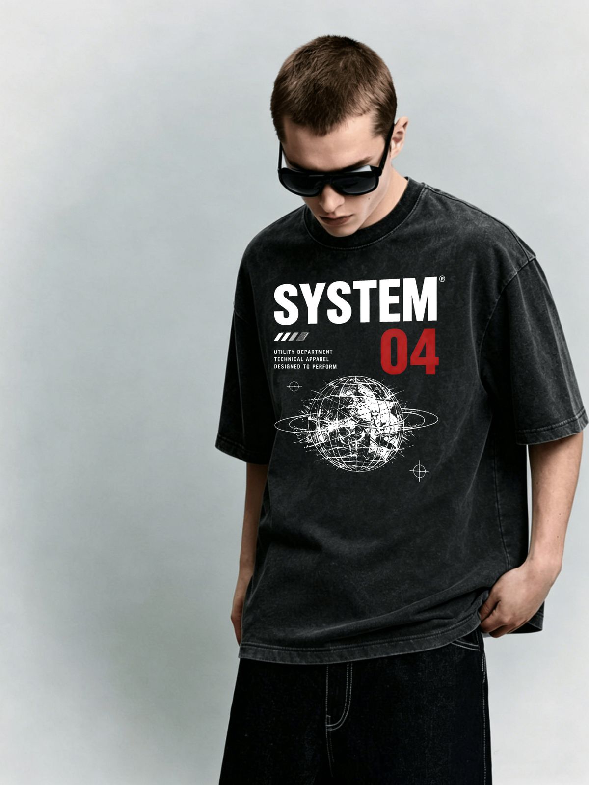 Tech Globe System Heavyweight Washed Graphic T-Shirt Men's Oversized Streetwear Tee_viptrois.com