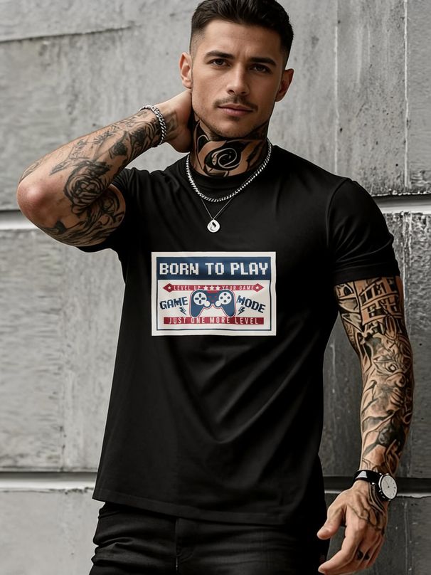 Gaming Style T Shirt Born To Play Game Mode Graphic Design Cotton Blend Casual Wear For Men Gaming Enthusiasts_viptrois.com