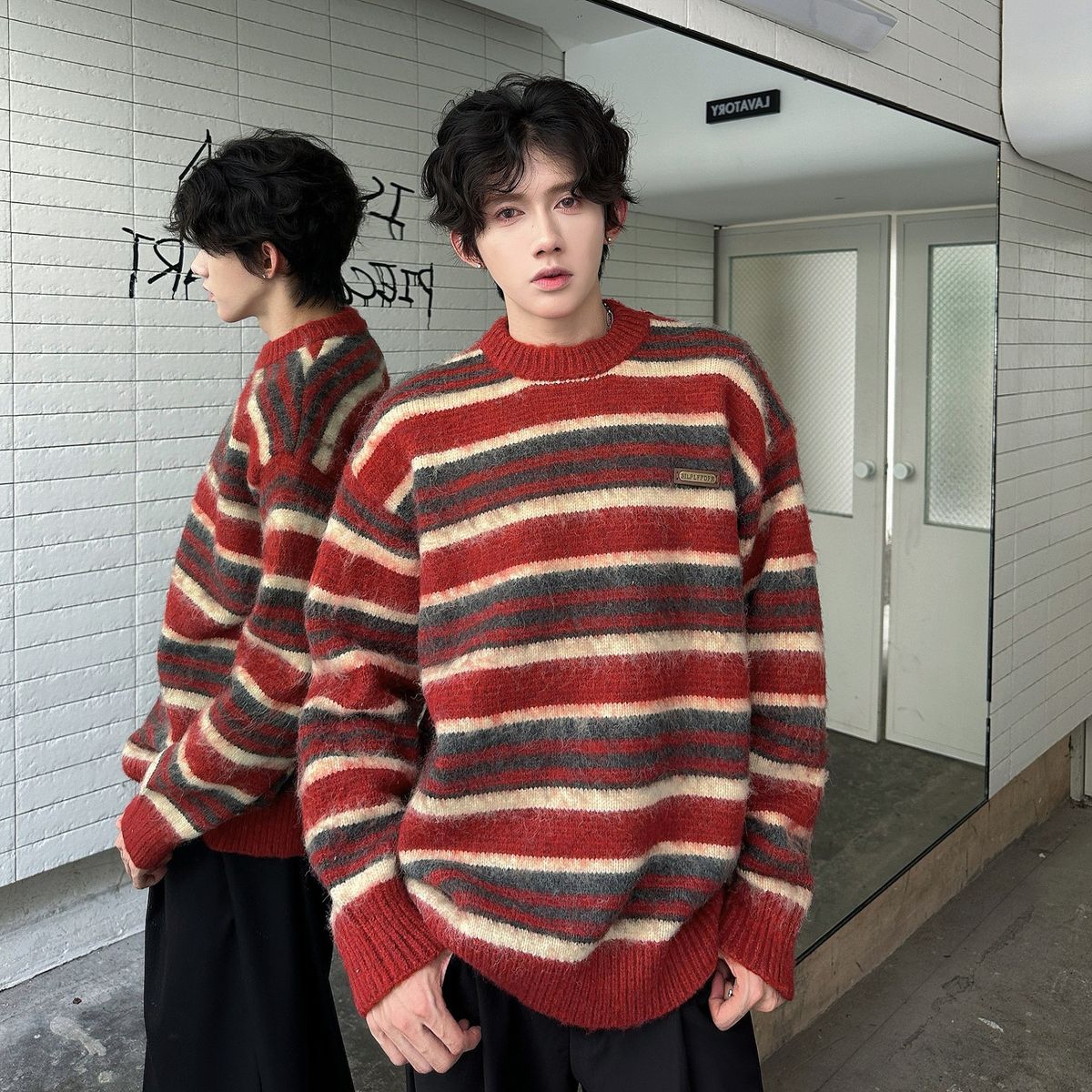 Mohair Striped Contrasting Round Neck Sweater Knitted Sweater Christmas Coat_viptrois.com