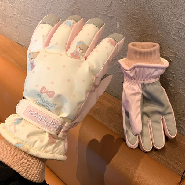Cute beige teddy bear skiing gloves for women in winter, Korean style warm plush thick outdoor windproof and cold proof_viptrois.com