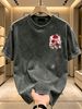 230g Washed Men T-Shirt Pink Background Red Rose Frame Print Short Sleeve Crew Neck Casual Streetwear Top_viptrois.com