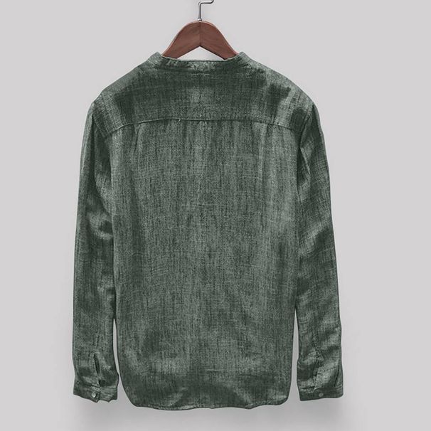 New Men's Best-selling Solid-color Cotton And Linen Long-sleeved Shirt For Men_viptrois.com