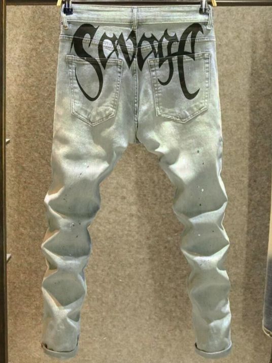 Men's Trendy High Street Ink-splashed Jeans Youth Elastic Slim Fit Personalized Printed Skinny Long Pants Men_viptrois.com