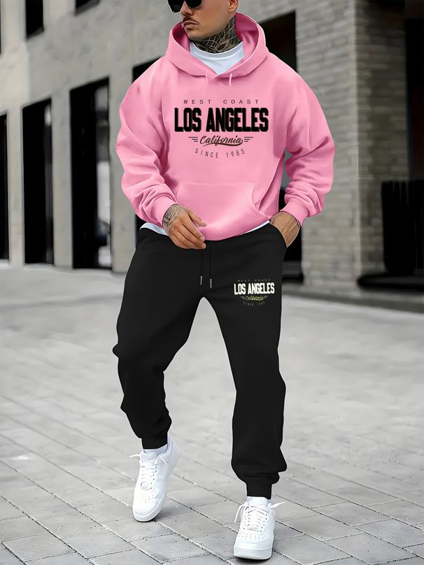 Men's Autumn And Winter Casual Fashion Los Angeles Letter Pattern Print Loose Suede Thick Hooded Sweatshirt+sports Pants Set_viptrois.com