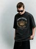Vintage Washed T-Shirt, Men's Retro Golden Crown & Laurel Graphic, Luxury Royal Style, Casual Loose Street Tee_viptrois.com