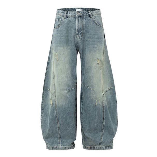 Loose Wide-Leg Ripped Washed Denim Scimitar Unique Design Gradient Vintage Deconstructed Patchwork Long Pants For Men_viptrois.com