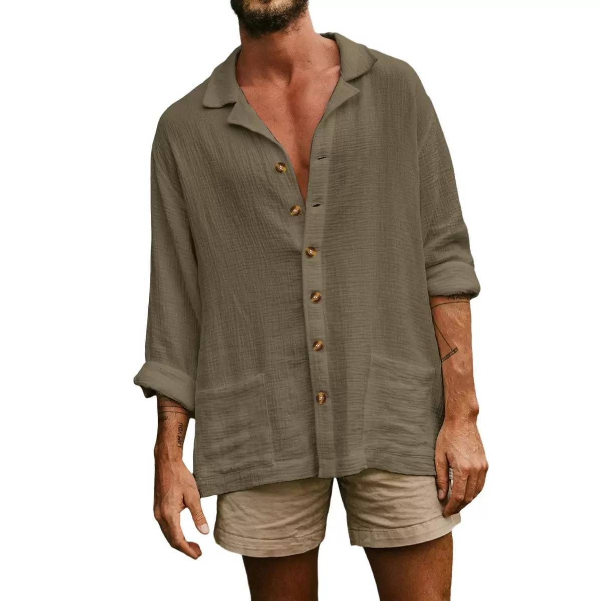 2025 European And American Double-layer Men's Loose Casual Lapel Long-sleeved Shirt, Men's Pure Color Comfortable Shirt_viptrois.com