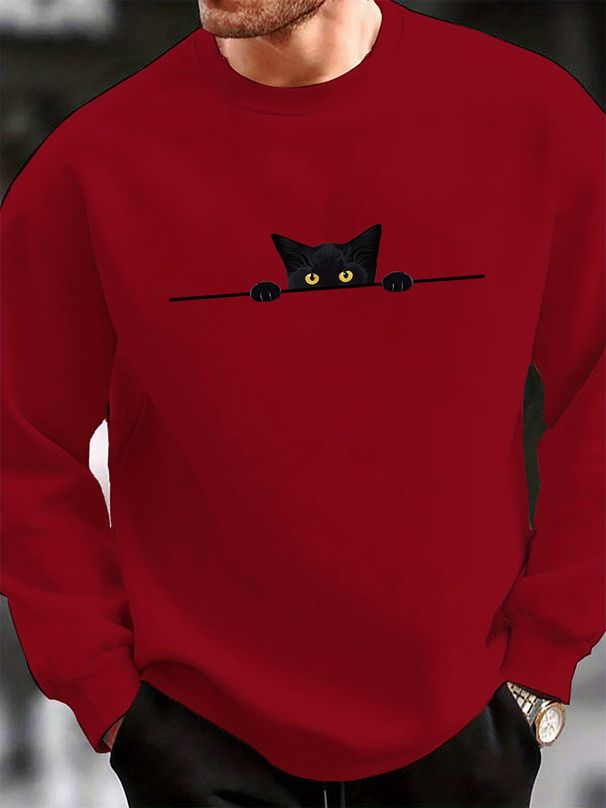 Men's Loose Casual Fashionable Cat Pattern Printed Round Neck Long Sleeved Sweatshirt For Autumn And Winter_viptrois.com