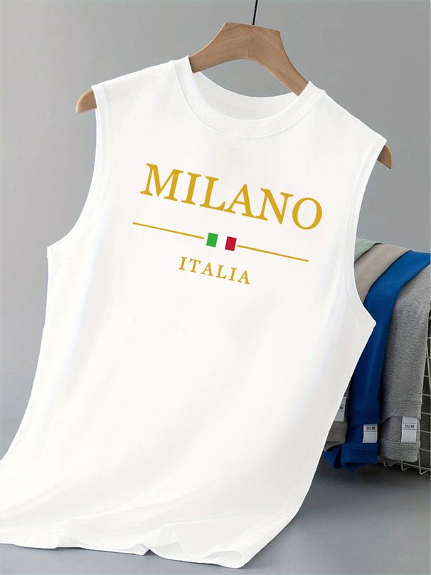 100% Pure Cotton Men's Summer Casual Sports Fitness Loose MILANO Pattern Printed Breathable Round Neck Sleeveless Vest_viptrois.com