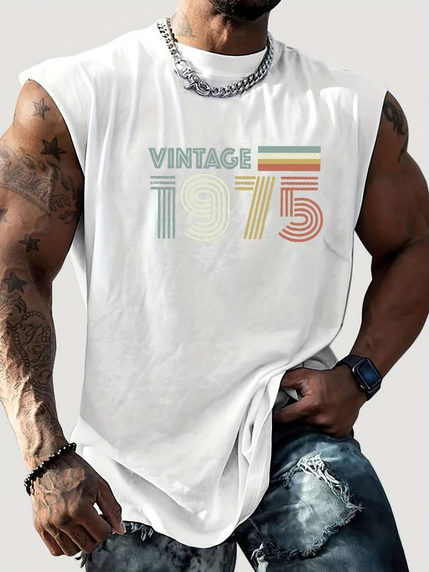 100% Pure Cotton Men's Summer Casual Sports Fitness Loose Retro 1975 Pattern Printed Breathable Round Neck Sleeveless Vest_viptrois.com