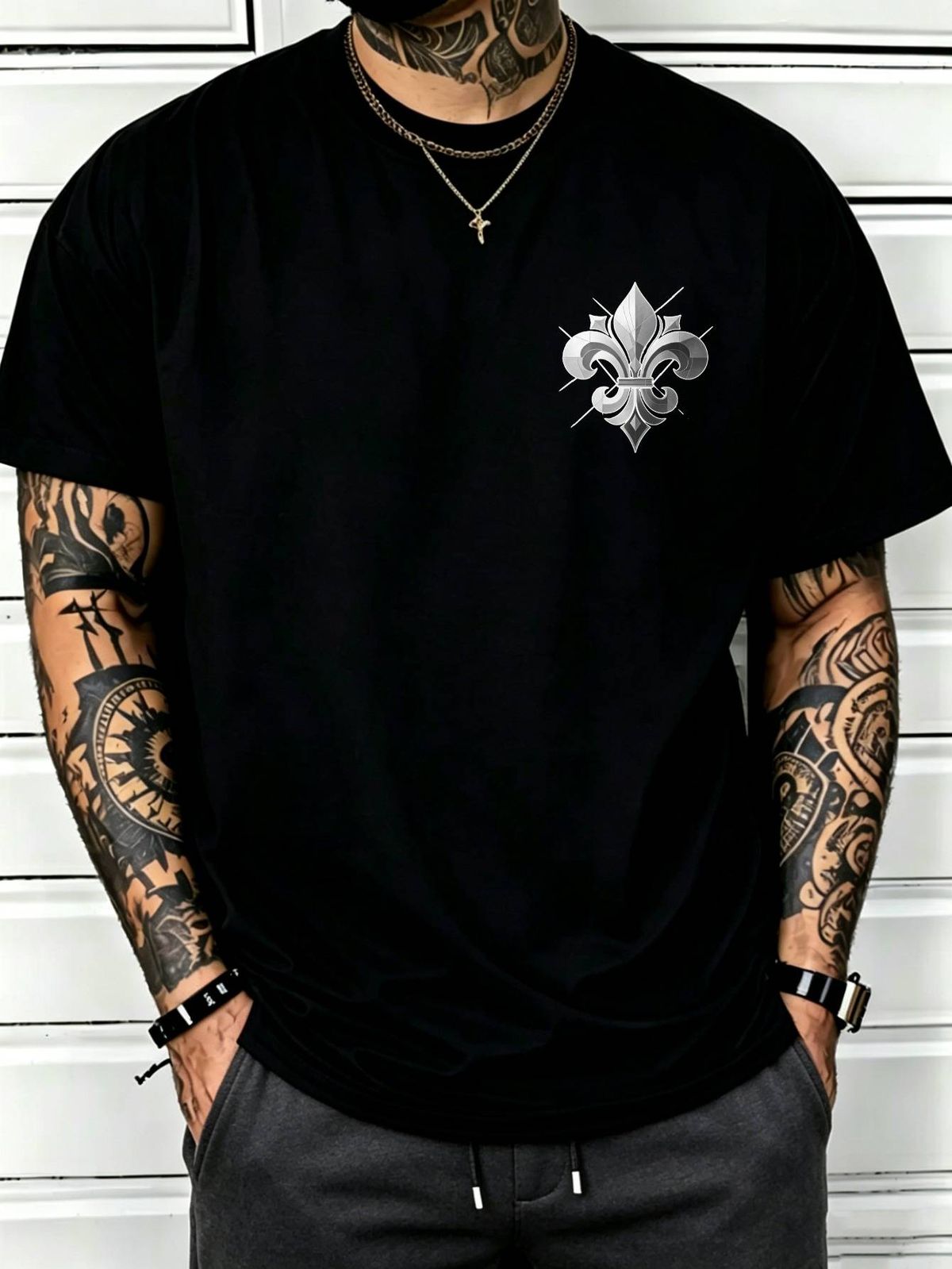 100% Cotton Men Casual T-shirt 3D Fleur-de-lis Symbol Print Crew Neck Short Sleeve Daily Streetwear Top_viptrois.com