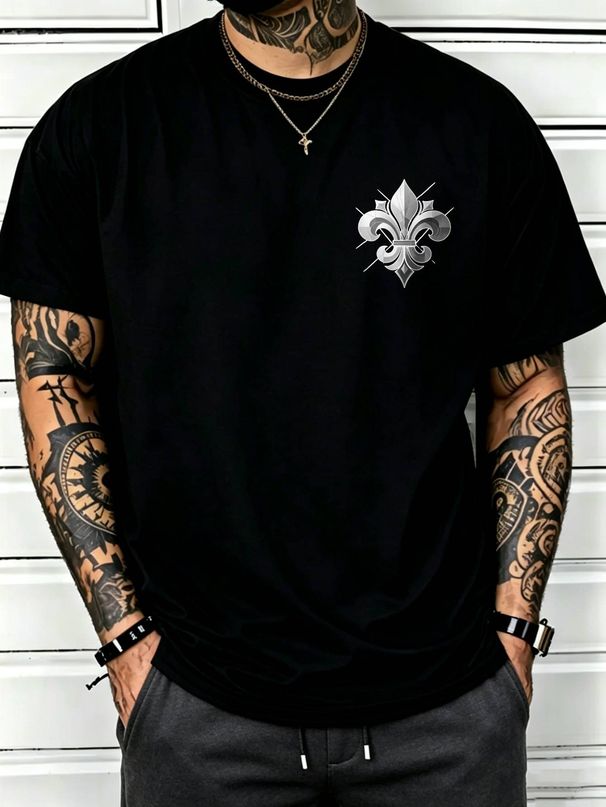 100% Cotton Men Casual T-shirt 3D Fleur-de-lis Symbol Print Crew Neck Short Sleeve Daily Streetwear Top_viptrois.com