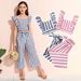 Hot Sale In Europe And America, Girls' New Summer Striped Flying Sleeve Ruffled Top + Striped Trousers With Belt Three Piece Set_viptrois.com