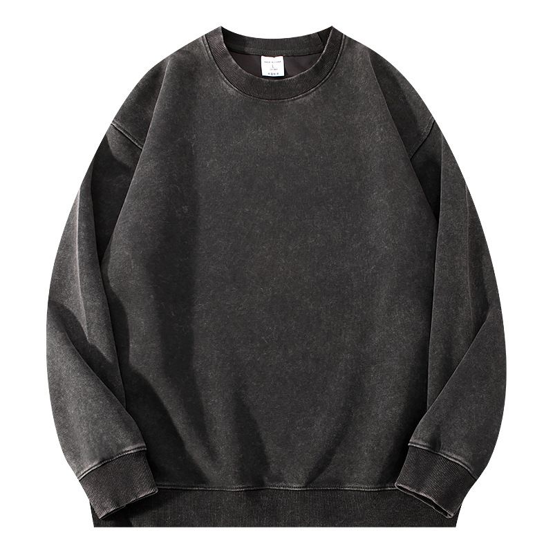 350GSM Heavyweight Washed Cotton Crewneck Sweatshirt – Oversized Drop Shoulder Unisex Pullover (Vintage Wash, Solid Colors, M-XXXL)_viptrois.com