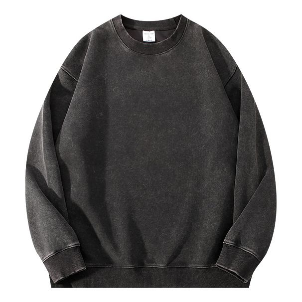 350GSM Heavyweight Washed Cotton Crewneck Sweatshirt – Oversized Drop Shoulder Unisex Pullover (Vintage Wash, Solid Colors, M-XXXL)_viptrois.com