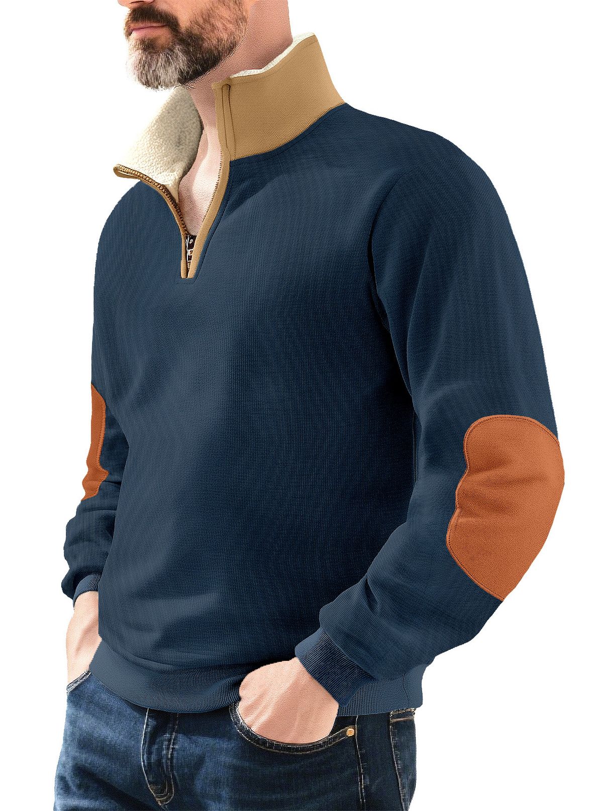 Men's Clothing Half Zip Sweatshirt Men's Autumn And Winter American Lamb Wool Stand Up Collar Embroidery Plus Velvet Sweatshirt_viptrois.com