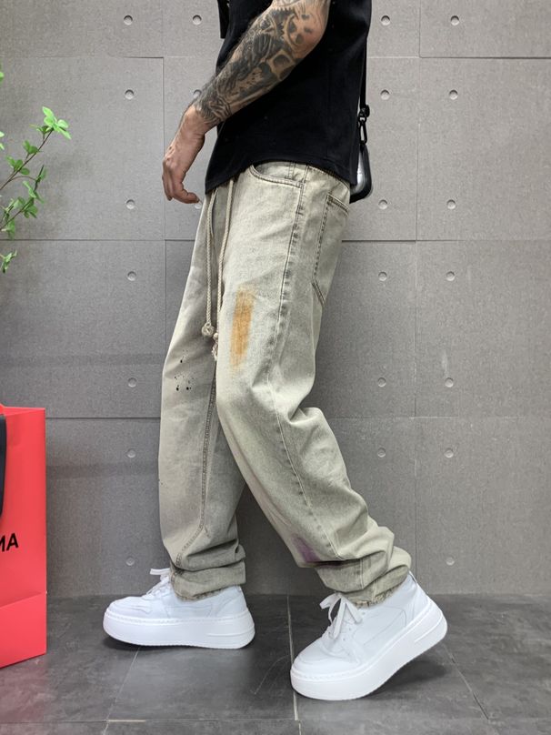 Autumn New Graffiti Jeans Men's American Washed Distressed Loose Straight Wide Leg Long Pants Ins_viptrois.com