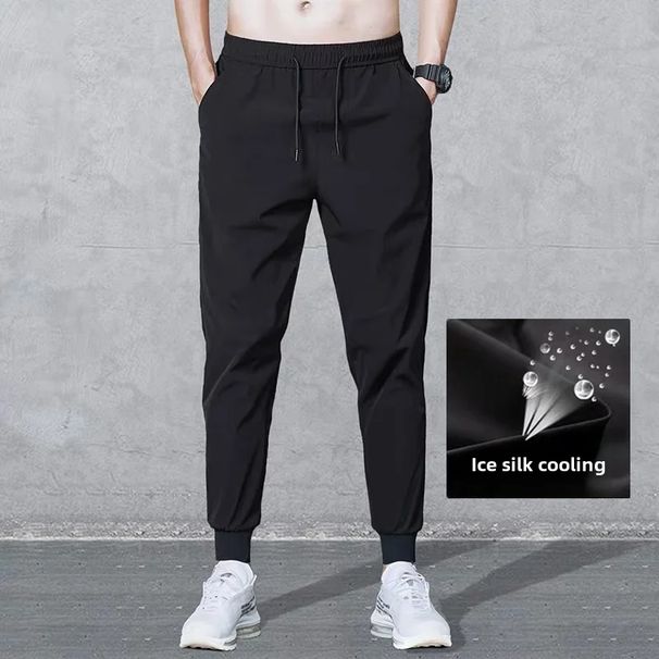 Männer Casual Hosen 2025 Sommer Trendy Einfarbig Eis Seide Kleine Füße Lose Fit Schnell Trocknend Jogginghose Elastische Hosen_viptrois.com