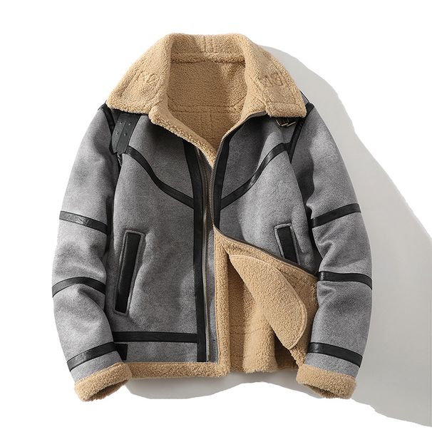 Men's Oversized Faux Shearling & Leather-Trim Jacket – Fleece-Lined Winter Coat With Notch Lapel (Gray, M-5XL)_viptrois.com