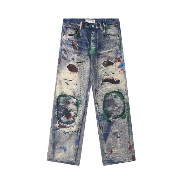 Men's Clothing Digital Printing Ink Splash Jeans Straight Trousers Retro Printing Full Printing Heavy AC Jeans Trend_viptrois.com