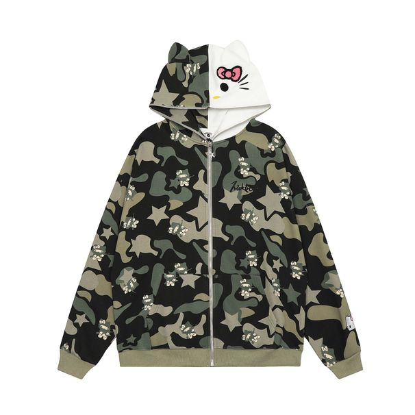 Men's Clothing Full Print Cartoon Cat Letter Embroidered Hooded Cardigan Sweater High Street Loose Casual Jacket_viptrois.com