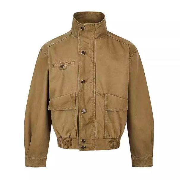 Retro Heavy Industry Washed Short Standing Collar Workwear Jacket For Making Old Spliced Jackets_viptrois.com
