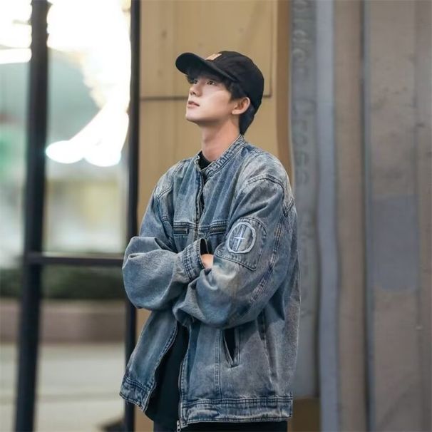 American High Stre Embroidered Blue Denim For Men With Spring And Autumn Design, Zipper Workwear, Stand Up Collar_viptrois.com