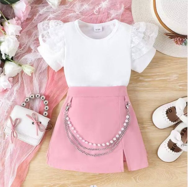 Mother&Kids Summer solid color flying sleeve short sleeve dress set two-piece lovely princess style_viptrois.com