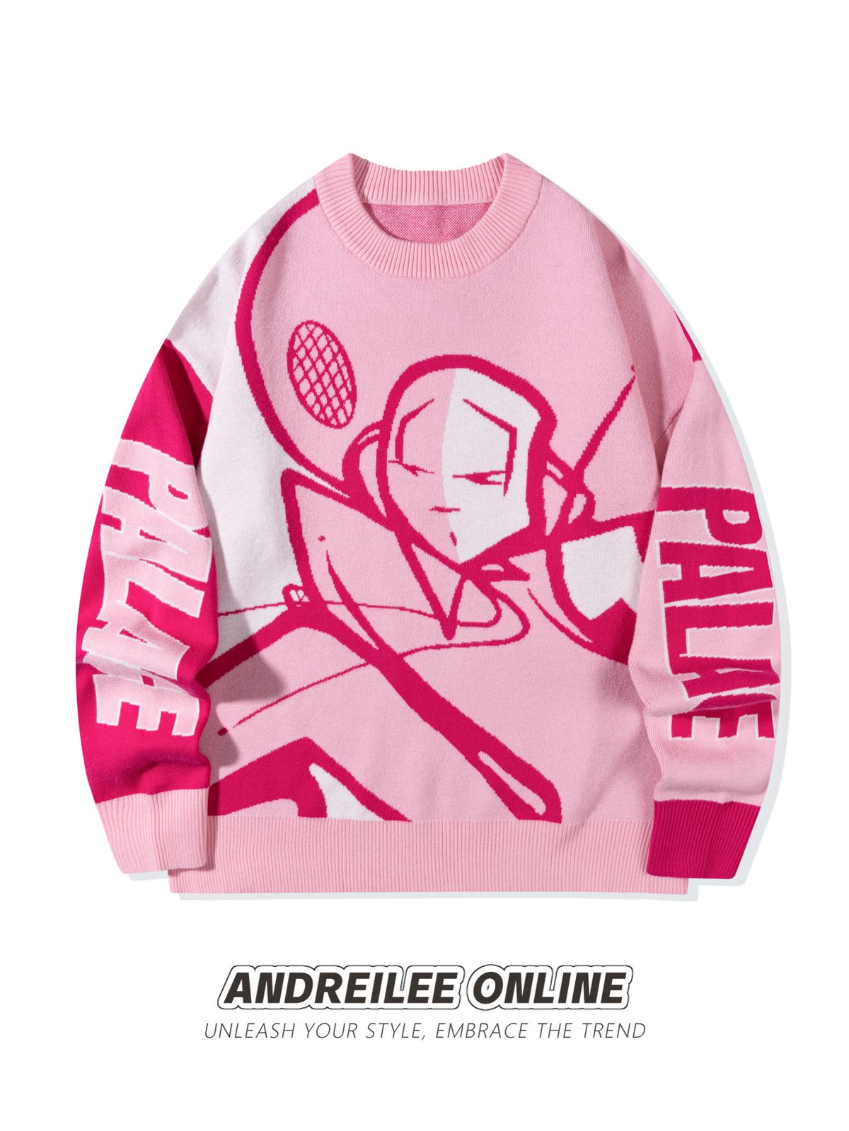 YWFG Men's Punk Anime Jacquard Sweater - Oversized Round Neck Knit Pullover, Soft Pink Long Sleeve Casual Top For Teens & Young Adults_viptrois.com