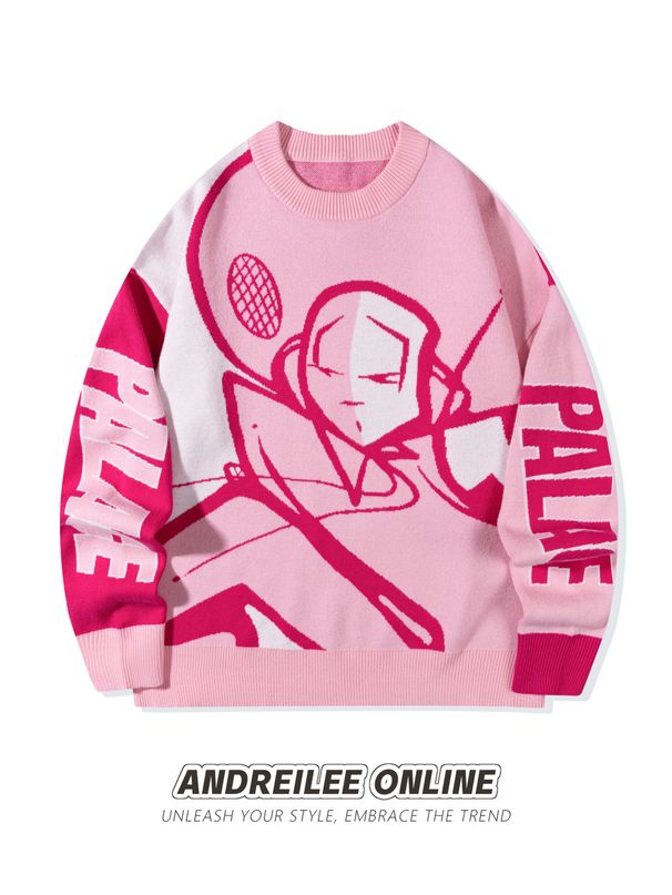 YWFG Men's Punk Anime Jacquard Sweater - Oversized Round Neck Knit Pullover, Soft Pink Long Sleeve Casual Top For Teens & Young Adults_viptrois.com