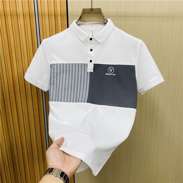 2024 New Polo Shirt Men's Short-sleeved Trendy Brand Splicing Slim-fitting Lapel Half-sleeved Casual Versatile Design Top_viptrois.com
