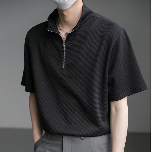 Men's Waffle-Knit Polo Shirt – Short Sleeve, Half-Zip Design, Relaxed Fit, Breathable Silk-Blend, Summer Casual (M-3XL, 2 Colors)_viptrois.com