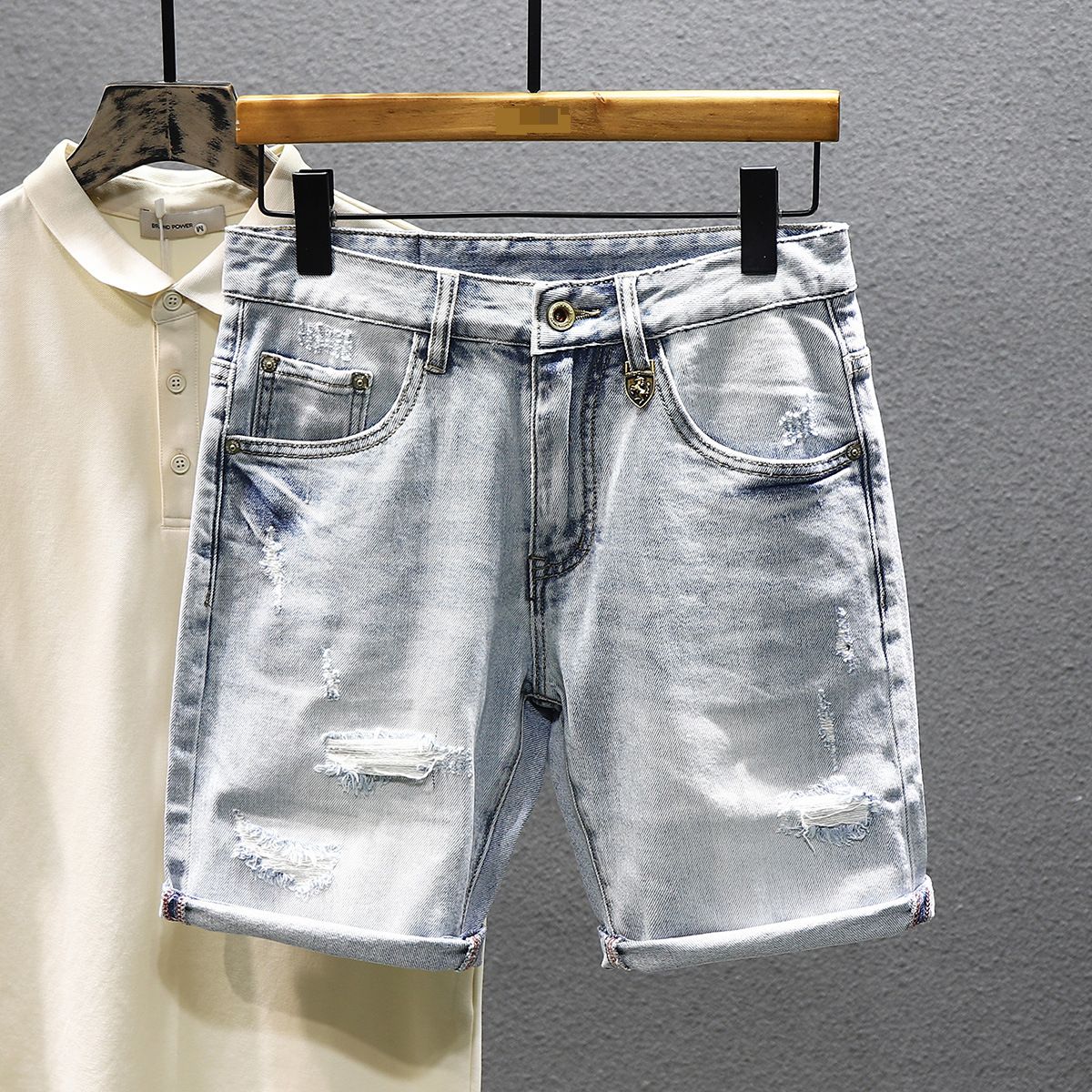 Men's Clothing Ripped Denim Shorts Men's Straight Fashion Brand Trendy Loose Mid Length Pants Summer Ins Version Casual Five Point Pants_viptrois.com