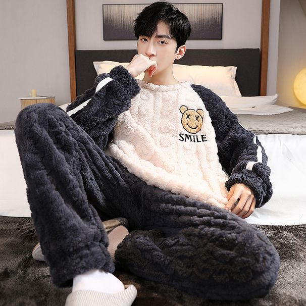 2025 New Coral Fleece Soft Skin Fitting Pajamas Winter Flannel Men's Thickened Loose Fit Home Suit Set_viptrois.com