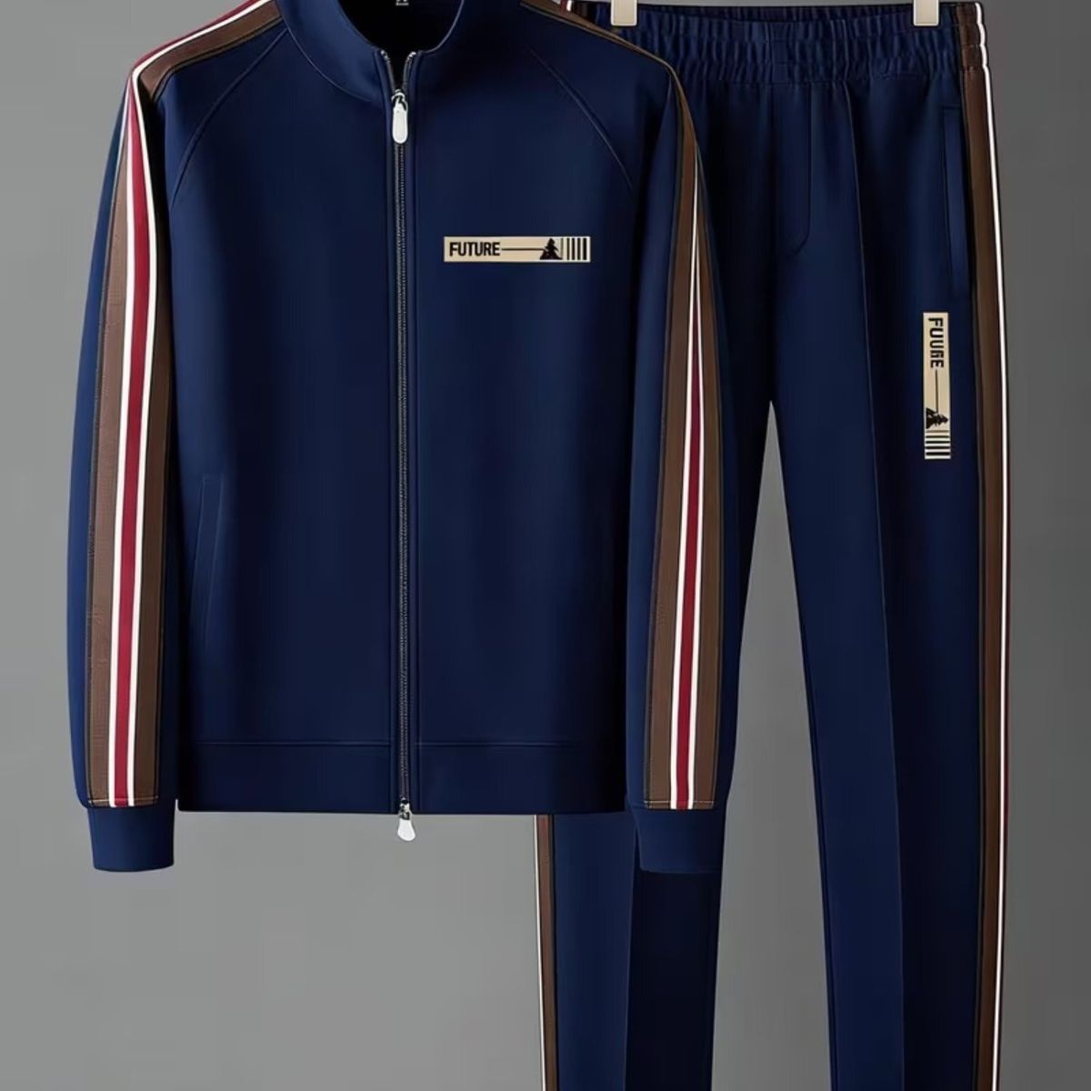 Men's Clothing Casual Stand Collar Zipper Sweatshirt Cardigan Jacket Two Piece Set_viptrois.com