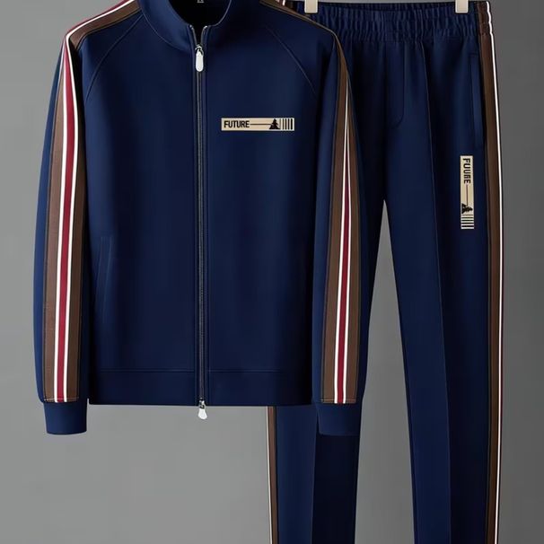 Men's Clothing Casual Stand Collar Zipper Sweatshirt Cardigan Jacket Two Piece Set_viptrois.com