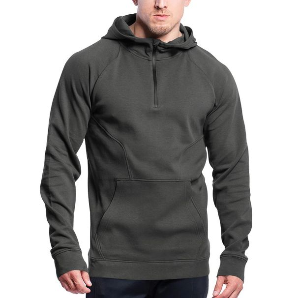 Men's Clothing New Long Sleeved Stand Up Collar Casual Pullover Hooded Half Zip Block Plus Velvet Sweatshirt_viptrois.com