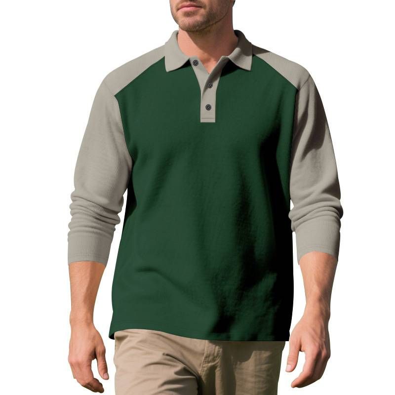 American-style Men's Polo Shirt For Autumn And Winter In Foreign Trade, Color-blocked Casual Golf Lapel Long-sleeved T-shirt As The Base Layer_viptrois.com