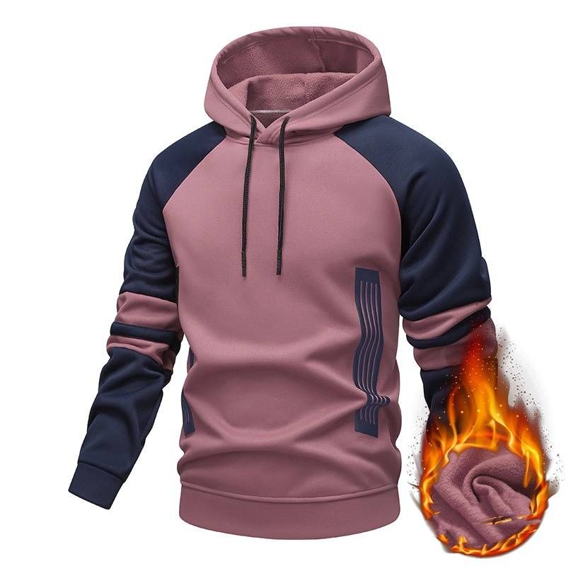 Men's Fleece-Lined Hoodie With Contrast Stripes | Japanese-Inspired Loose Fit | Anti-Bacterial Fabric (Gray, Pink, Blue) – M To 3XL_viptrois.com