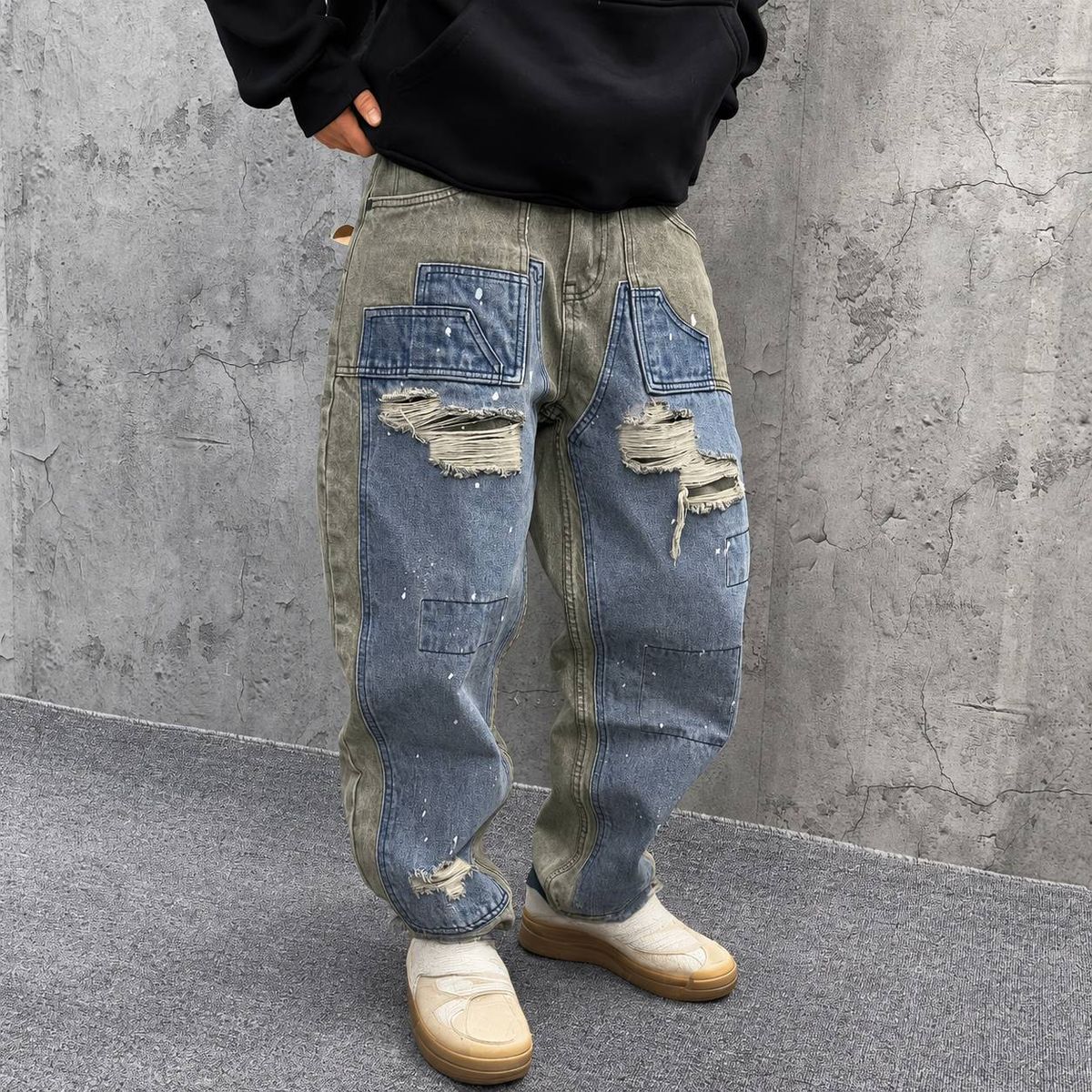 Men's Clothing Casual Handsome Heavy Retro Ripped Patch Jeans Straight Loose Beggar Wide Leg Pants_viptrois.com