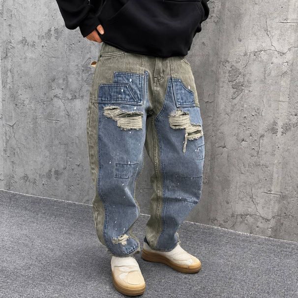 Men's Clothing Casual Handsome Heavy Retro Ripped Patch Jeans Straight Loose Beggar Wide Leg Pants_viptrois.com