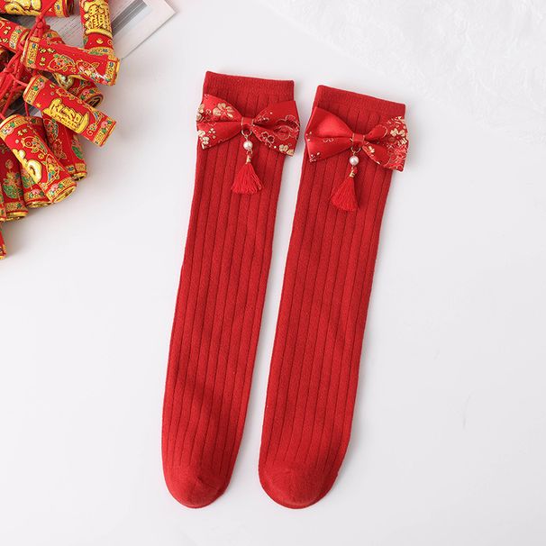 Children's socks autumn and winter style red festive new year cute tassel three dimensional bow girls calf socks comfortable cotton socks_viptrois.com