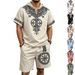 Men's Bamboo Linen Summer Suit Viking Style Printed Hooded Casual Top Shorts Summer Wear_viptrois.com