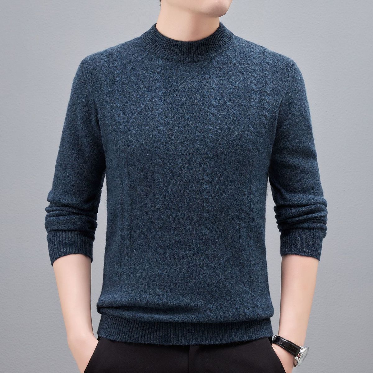 Men's Clothing 100% Wool Sweater Semi-Turtleneck Winter Knitwear With Jacquard Pattern, Premium Soft & Warm Pullover For Casual & Formal Wear_viptrois.com