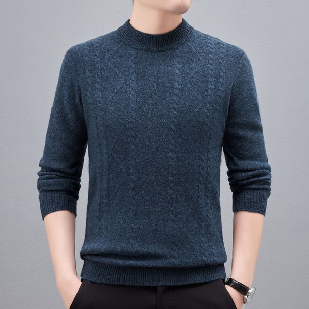 Men's Clothing 100% Wool Sweater Semi-Turtleneck Winter Knitwear With Jacquard Pattern, Premium Soft & Warm Pullover For Casual & Formal Wear_viptrois.com